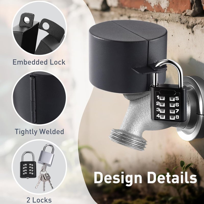 DOCEPERT Outdoor Faucet Lock, 2 Locks Water Hose Bib Spigot Lock Stainless Steel Valve Lock - Protecting Water from Unauthorized Use and Vandalism for 1.3-2.5" Valves Hose Bibs (Black) - Image 2